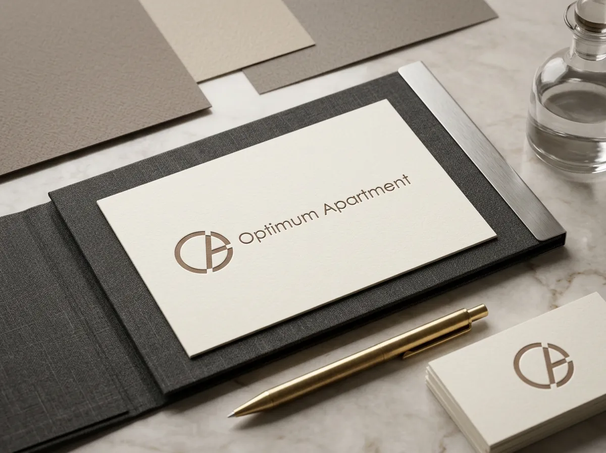 Optimum Apartment – Logo auf Visitenkarte in einer Mappe